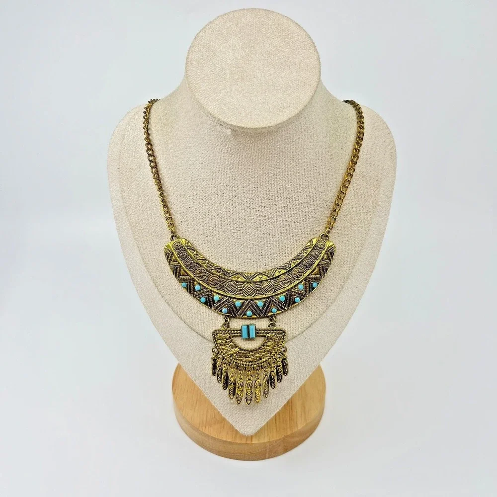 VTG Retro Antique Gold Tone Bib Statement Necklace Boho Turquoise‎ Color Accents
